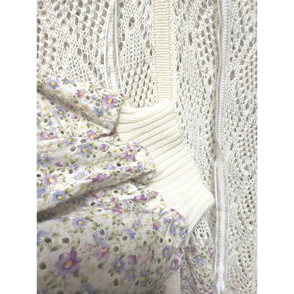 POL Crochet Knit Floral Puff Sleeve Hooded Cardigan Sweater Cream M Y2K Coquette - Picture 4 of 12